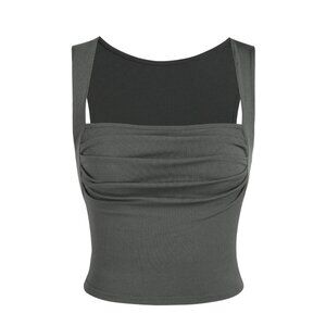 CIDER Dark Grey Ruched Square Neck Crop Tank Top | Size S